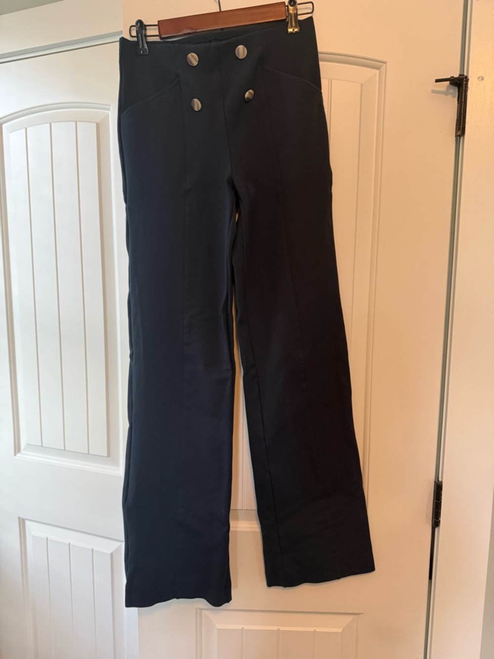 Betabrand Navy Sailor-Front Wide Leg Pants with Silver Buttons